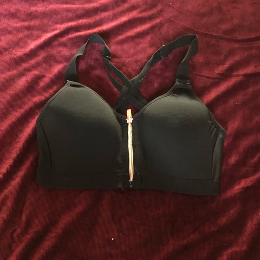 Zip up cross back sports bra/ rose gold detail
